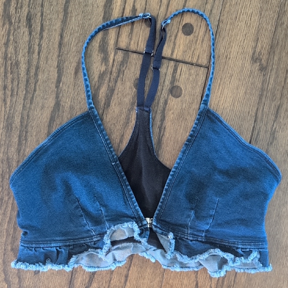 Free People Denim Blue Ruffle-Hem Bralette Camisole Top